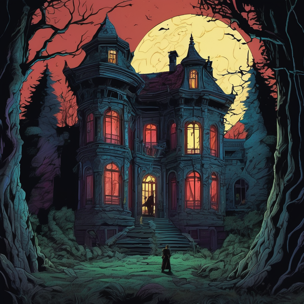 A dilapidated house, a bell ringing person, a puppet, a blood red wedding dress