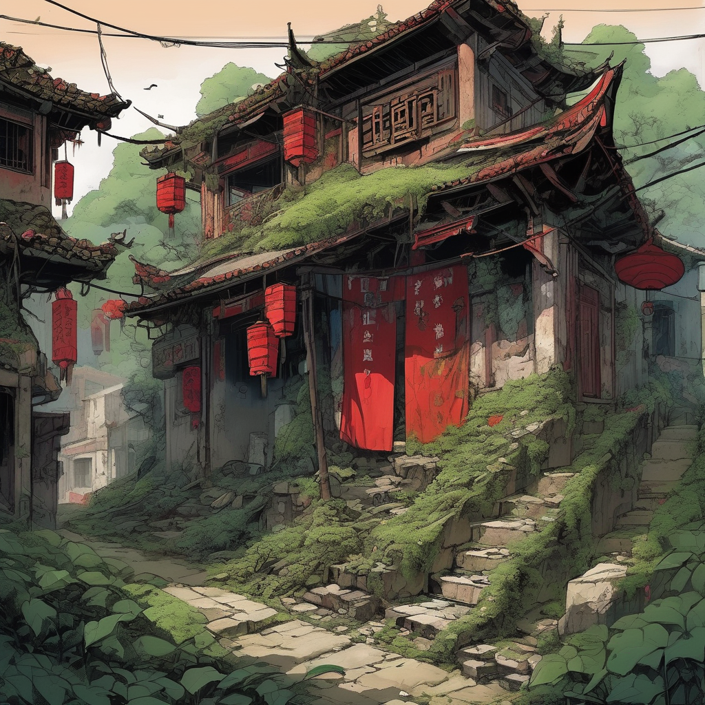 Overall Chinese style, dilapidated houses, bell ringing people, puppets, blood red wedding dresses