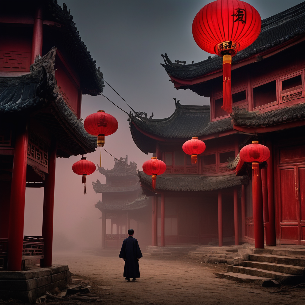 Overall Chinese style, dilapidated houses, bell ringing people, puppets, blood red wedding dresses